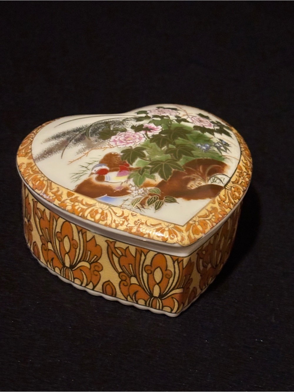Japan Made Porcelain Heart Shaped Trinket Box. Florals and Bird.